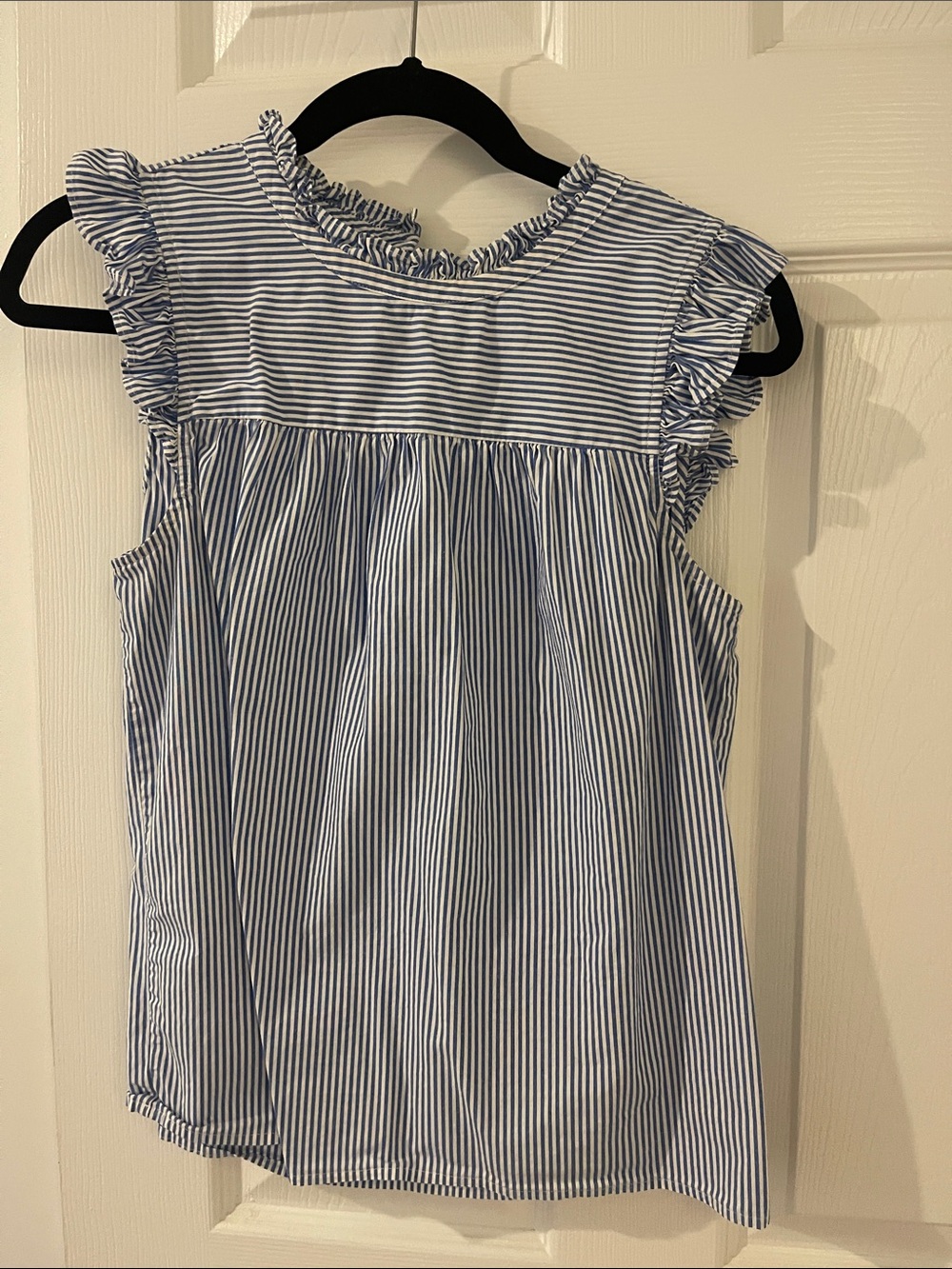 J. Crew Blue & White Striped Ruffle Sleeve Blouse